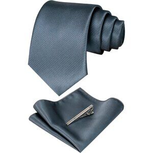 Men's Charcoal Colour Formal Necktie and Pocket Square Tie Clip Sets